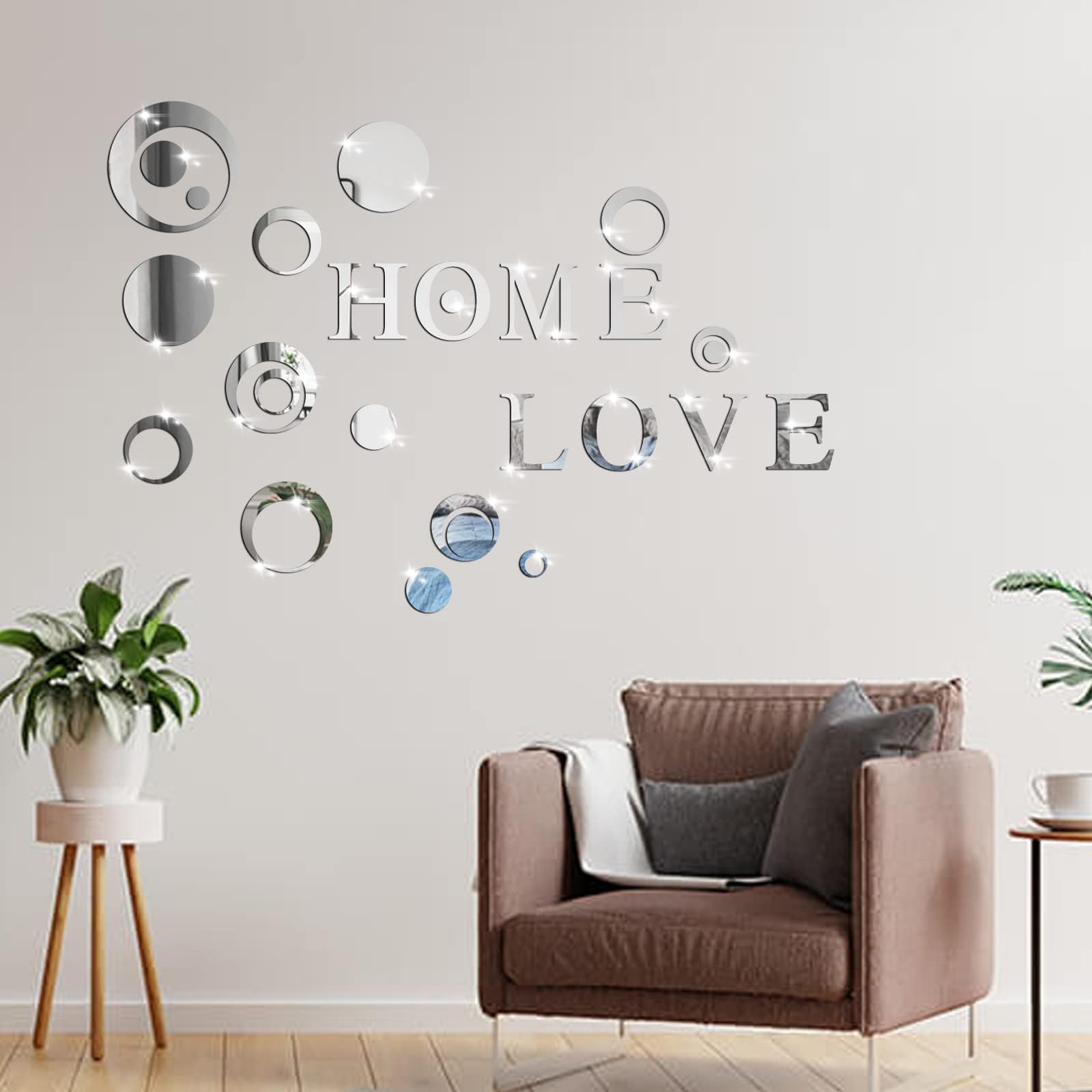 DGHOME 27 Pieces Acrylic 3D Mirror Wall Stickers, Home & Love Sign and Decorative Round Shaped Pattern, DIY Removable Wall Sticker Decal for Modern Fashion Living Room Bedroom Decor