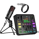 Podcast Equipment Bundle, Audio Mixer with Dynamic Microphone for PC, Gaming Equipment Set for Podcast Recording, Changer Voice/Denoise/Reverb/Bluetooth,Live Streaming, Video Vocals（Phone/PS5)