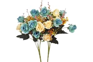 Moomass Artificial Flowers,2 Packs of Artificial Roses.24 Little Rose Silk Flowers. Plastic Flowers,Plants for Home Hotel Wedding Christmas Tables Decorations. Peacock Green