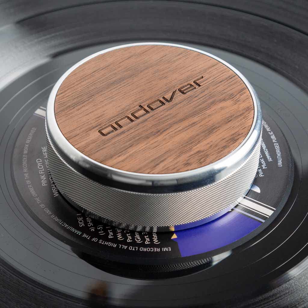 Andover Audio Record Damping Weight - Reduces Record Warp & Resonances, Less Distortion, Improved Dynamics, for EP & LP Records, Tighter Bass, Precise High-Frequency Retrieval - Walnut & Aluminum