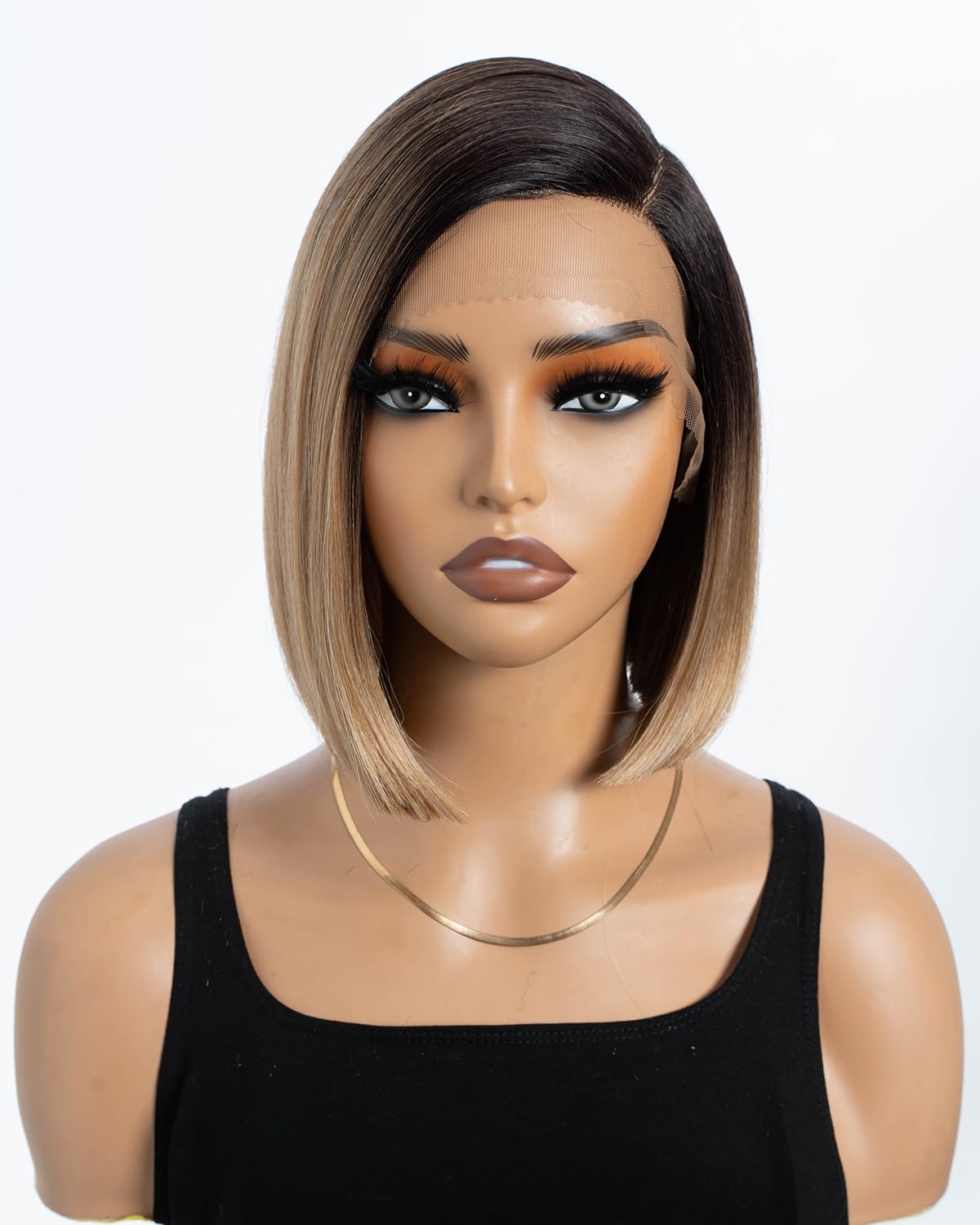 Style Icon Lace Wig Bob, Ombre Brown Side Part Bob with Hand-Tied Lace Front Natural Hairline, Synthetic Wig for Women 9in