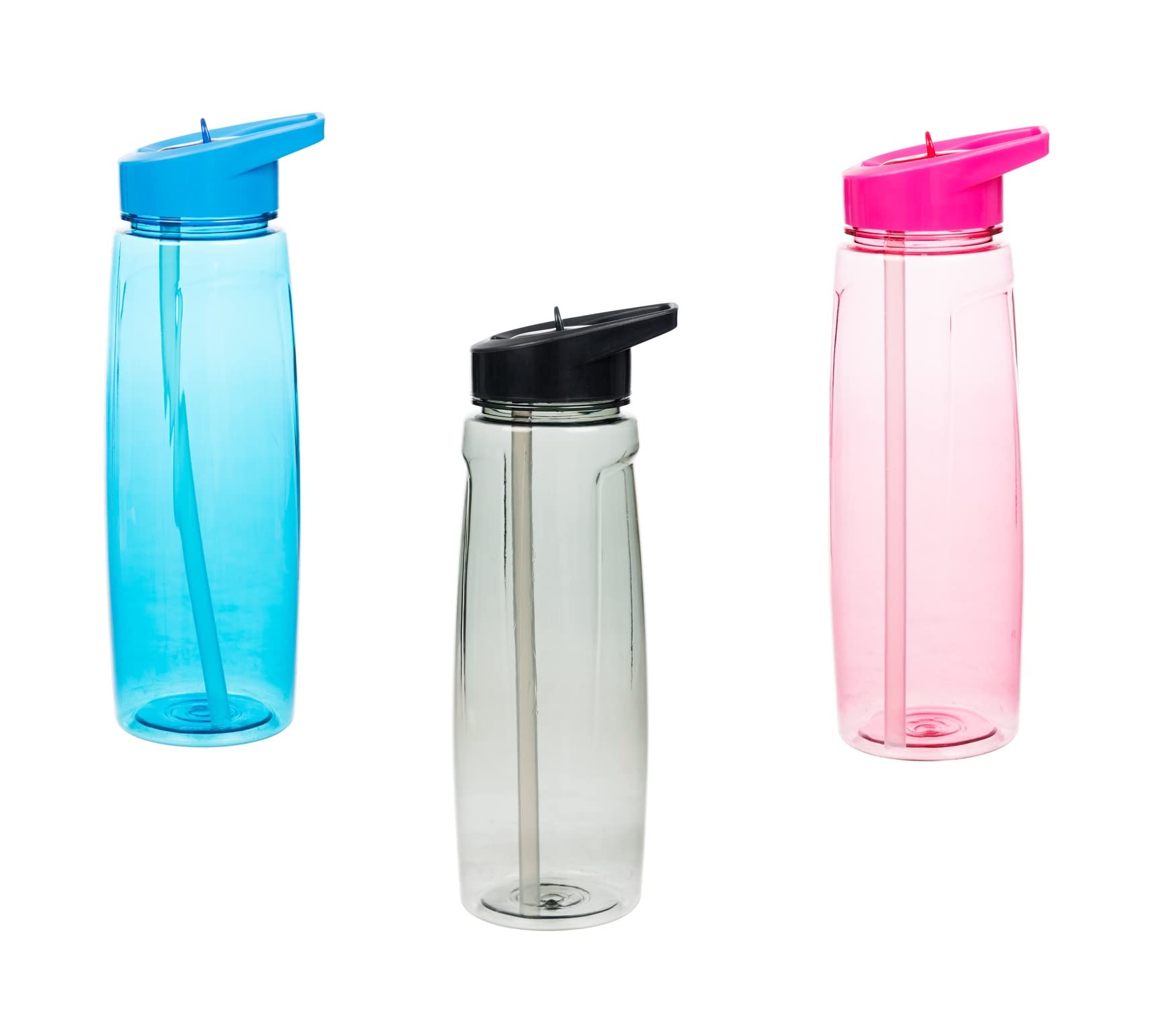 Invero Set of 3 Large Water Drinking Bottles with Flip Straw 750ml BPA-Free Leak-Proof Coloured Drinks Bottle Ideal for Outdoor Sports, Gym, General Home, Offices and more