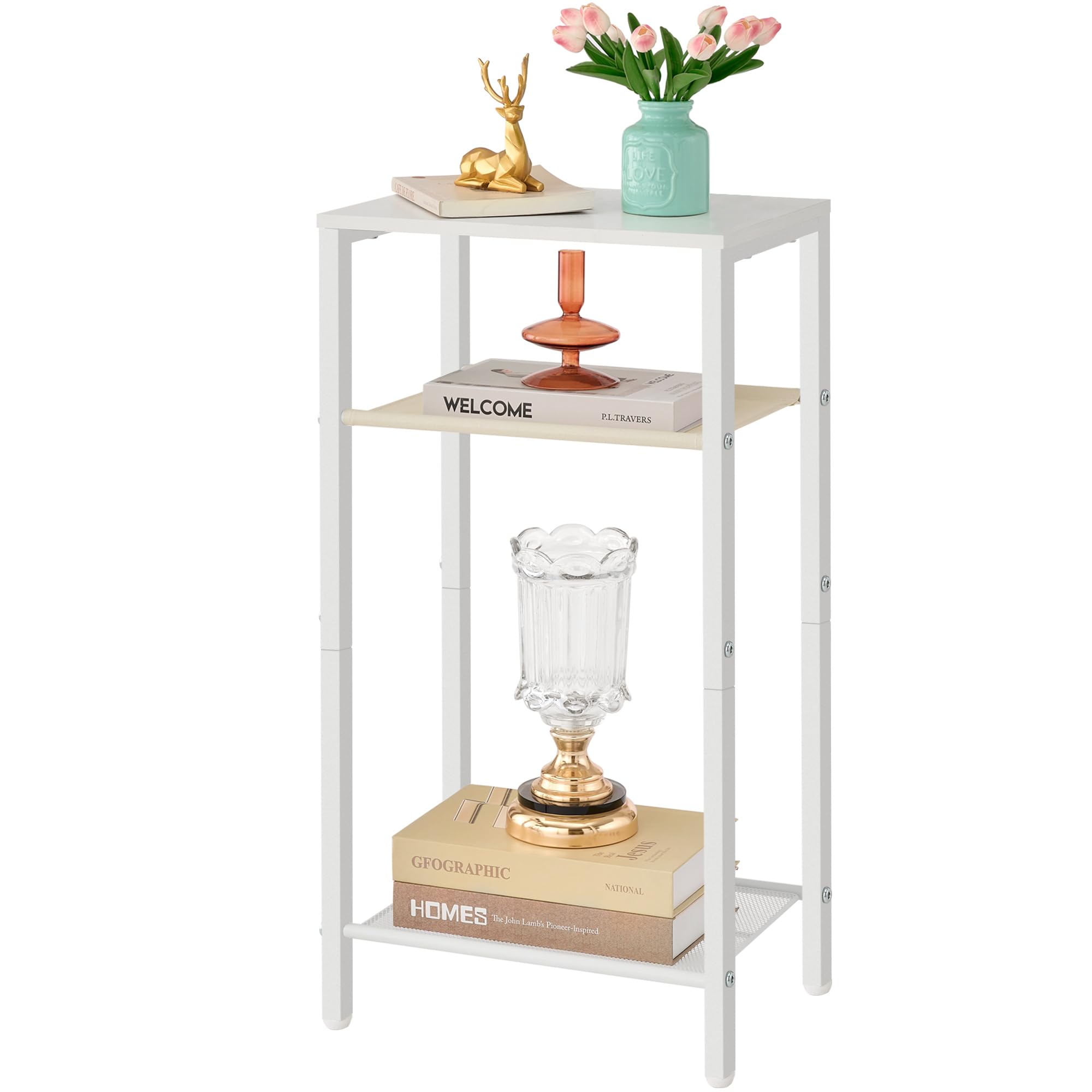 Photo 1 of Hoctieon 3 Tier End Table, Telephone Table, Narrow Side Table with Storage, Nightstand for Small Spaces, Metal Frame, for Living Room, Bedroom, Sofa Couch, Hall, Easy Assembly, White