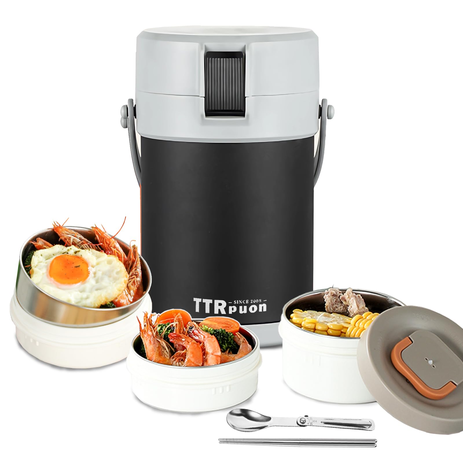 Photo 1 of 67oz Thermo for Hot Food, 3 Tier Stainless Steel Leak Proof Stackable Thermo Food Jar, Hot Cold lunch box Containers With Folding Spoon For Office Picnic Travel Outdoors (Matte Black)