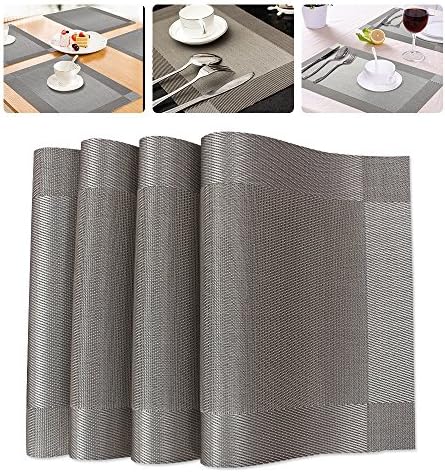 HEPHEAS Placemats - Table Mat Washable PVC Placemats Heat Insulation Table Mat Set for Kitchen Dining Table Set of 4 - 30x45 cm (Silver)