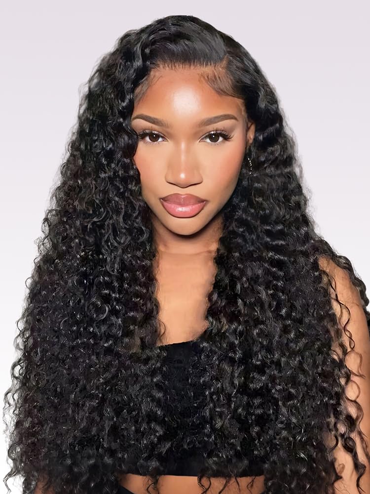18 Inch Deep Wave Human Hair Wig For Black Women,200 Density 13X6 HD Transparent Lace Front Wigs Human Hair Pre Plucked Natural Hairline,13X6 Full Lace Frontal Curly Wigs Human Hair Can be Dyed — image 1