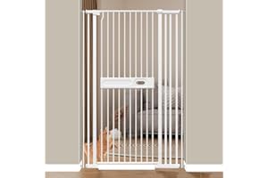 flower frail 71" Extra Tall Cat Gate for Doorway, 29.6"-37.4" Wide Tall Pet Dog Gate Indoor, Pressure Mounted No Drill Extra Tall Baby Gate, Auto Close Metal Dog Puppy Gate for Stairs, White
