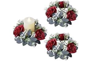 RSACCSKY 2 Pcs Artificial Rose Candle Rings,Floral Wreaths with Eucalyptus Leaves Greenery Garland for Pillar Candle Lantern Wedding Centerpiece Party Home Table Decor (Red)