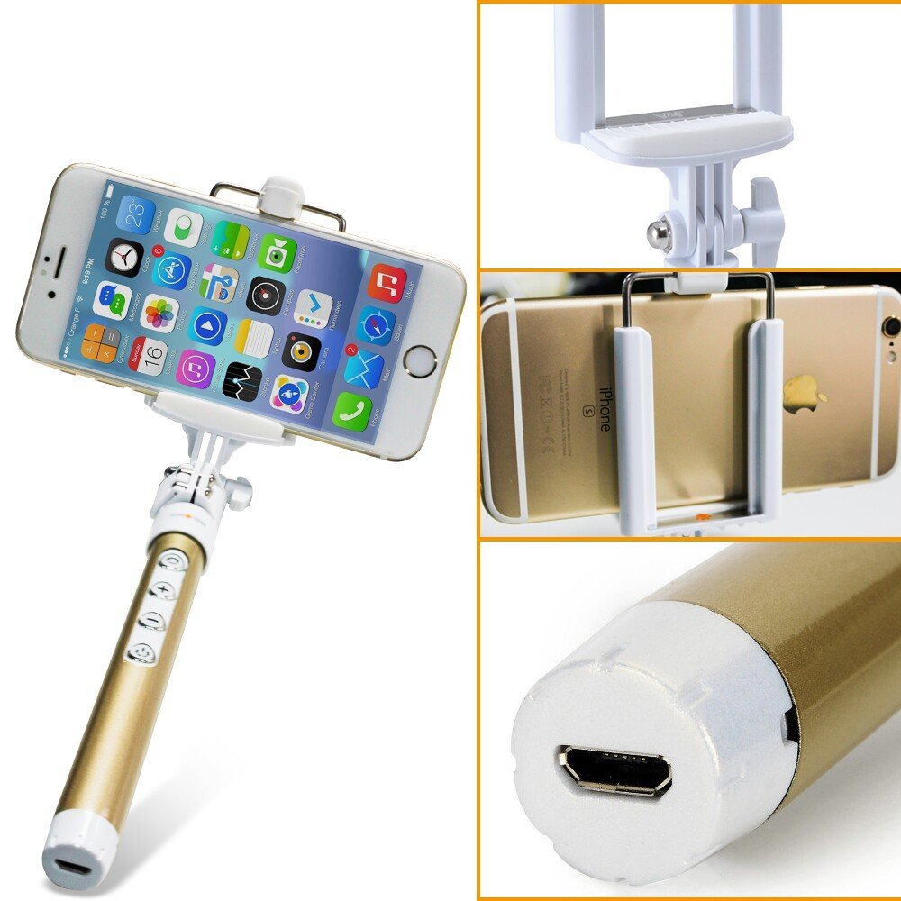 WISETIGER Bluetooth Selfie Stick with Wireless Remote Shutter and Telescopic Tripod for Iphone 6 6 Plus 6s Galaxy HTC IOS Android Gopro(Gold)