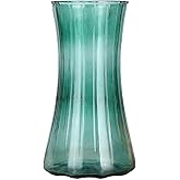 9 in.Tall Mint Green Glass Flower Vase - Modern Ribbed Hourglass Shape,Wide Opening Decor for Home Living Room, Dining Table, Wedding Gift