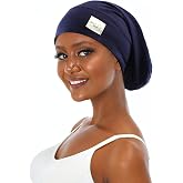 sent hair Satin Lined Bonnet for Women Hair Cover, Adjustable Modal Cotton Slouchy Beanie, Night Sleeping Slap Cap for Long Curly Hair/Braids/Dreadlocks (Navy Blue)