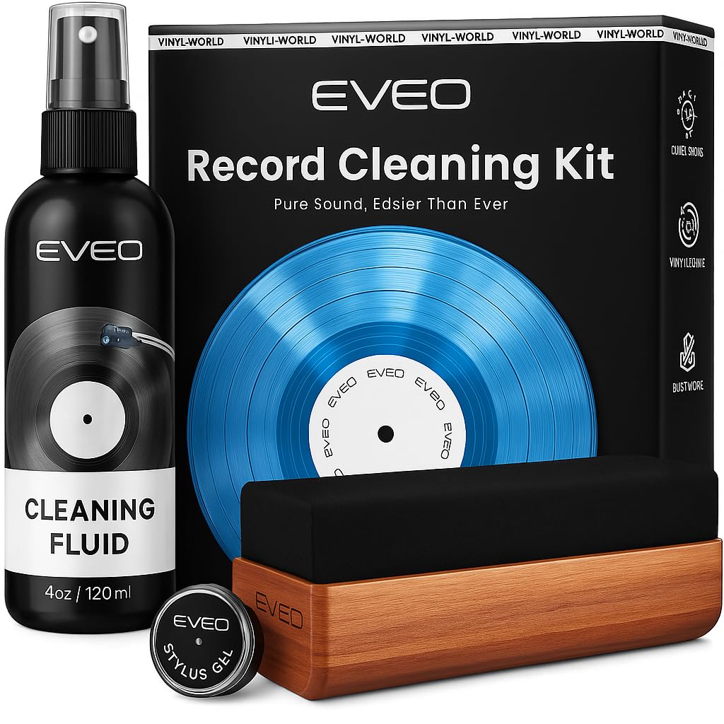 Photo 1 of EVEO Vinyl Record Cleaning Kit - 4in1 Vinyl Record Cleaner Kit for Vinyl Records Albums. Vinyl Cleaner Includes XL Record Brush, Cleaning Liquid (4oz), Duster & Stylus Cleaning Gel - Archival Standard