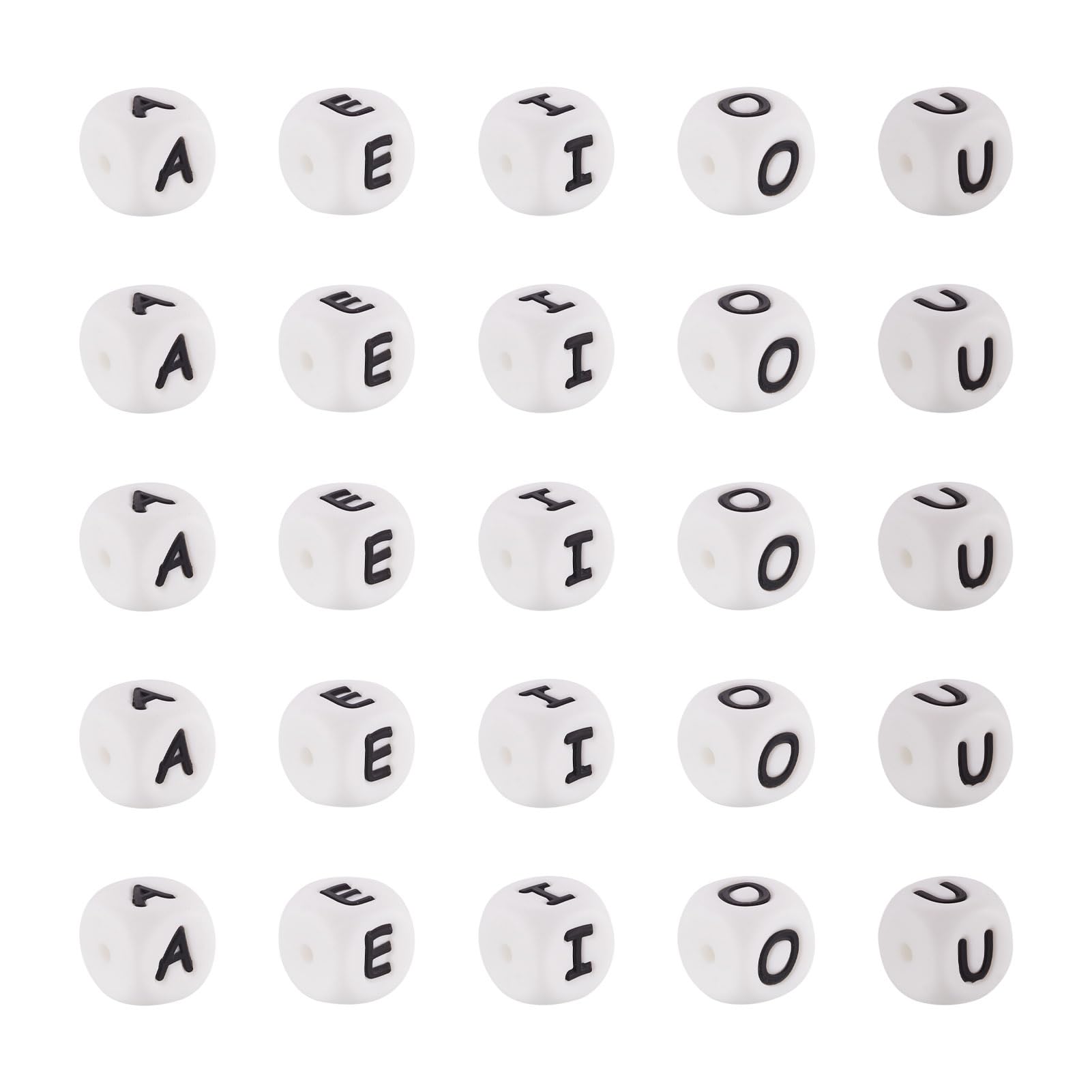 Beadthoven 50pcs Silicone Alphabet Cube Beads 12x12mm Square Silicone Beads with Black Alphabet Vowel Letters for DIY Jewellery Bracelet Necklace Making, Hole: 2mm