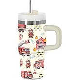 Hiboss Fire Truck Tumbler with Handle Straw for Kids 14oz, Insulated Stainless Steel Firefighter Cup for Boys, Birthday Gifts for Future Fireman Little Boys Girls