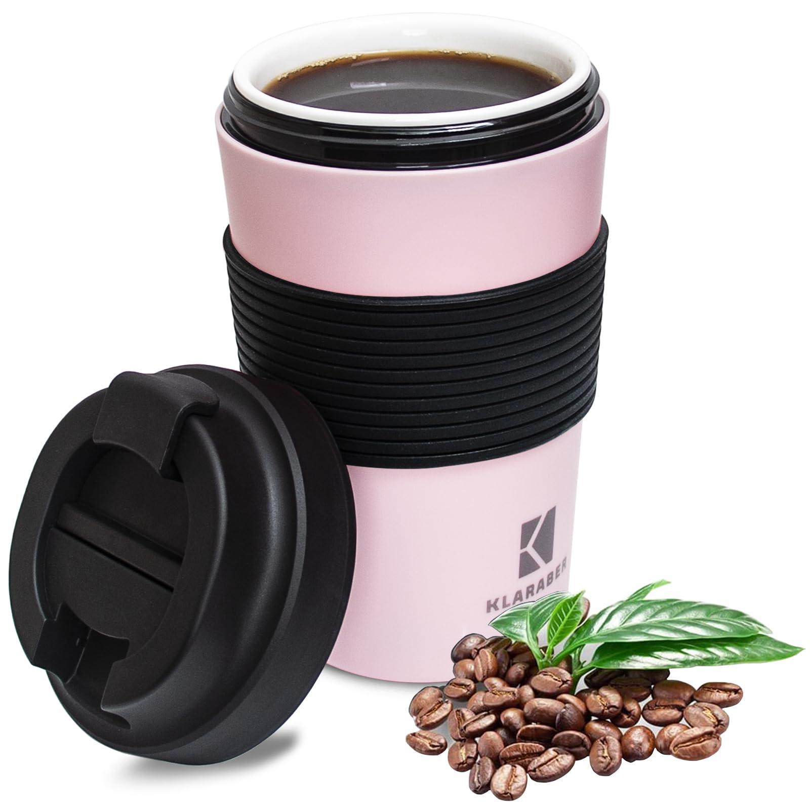 Klaraber Ceramic Travel Mug with Lid, Portable Porcelain Cup with Sleeve, Leakproof Ceramic Lined Coffee Cup Travel Mug, Reusable Coffee Cup, 350ml / 12oz(Pink)