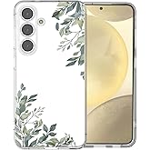 DYFYFKDI for Samsung Galaxy S25 Case, Floral Flowers Cute Aesthetic Clear Green Leaves Pattern Case for Women Girls,Transparent Slim Soft Shockproof Cover for S25,Green Leaves