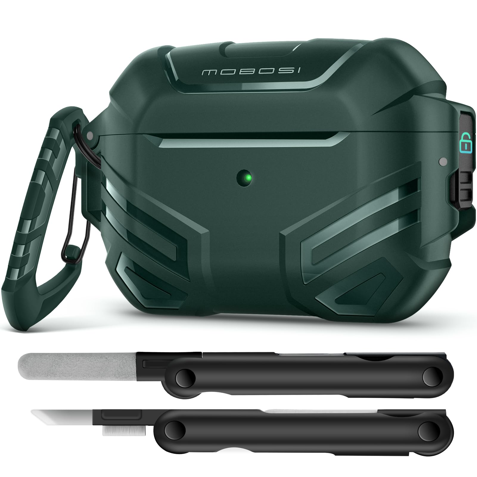 Photo 1 of MOBOSI for AirPods Pro 2 Case with Lock, Compatible with Airpod Pro Case 2nd/1st Gen, Military Grade Protective Cover with Cleaner Kit & Keychain for Men(2023/2022/2019), Green