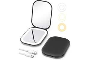 Gospire Lighted Compact Mirror with Light and Magnification 1X/3X, Stepless Dimming and Three-Color Adjustable Lights, Rechargeable Battery and Small Mirror for Purse and Travel - Black