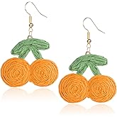 QLYOVWE Raffia Sweety Cherry Earrings for Women Handmade Rattan Dangle Earring Light Weight Fruits Earrings Summer Tropical Beach Vacation Jewelry