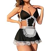 NewBull Women Sexy Maid Lingerie Cosplay Costume French Maid Themed Lace Halloween Roleplay Babydoll Fancy Outfit Set+Apron