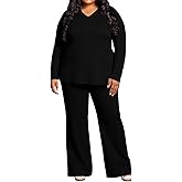TOPSRANI Womens Plus Size Lounge V-Neck 2 Piece Outfits Sweatsuits Tracksuit Ribbed Long Sleeve Baggy Wide Leg Pant Sets