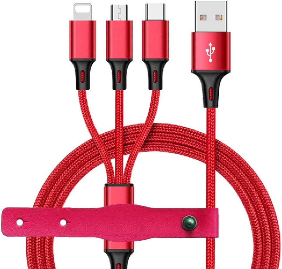 Multi USB Cable Type C Lightning Micro USB 3 in 1 Nylon Braided Fast Charger Cable 3.9ft Portable Travel Cables Data Sync Cordwith Leather Strap for ios Android All Smartphones