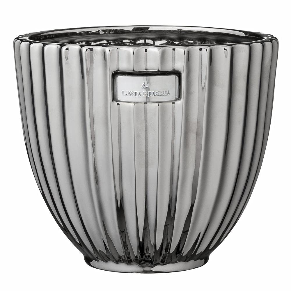 Large Rosalie Silver Flower Pot/Ceramic Planter with fluted design from Lene Bjerre. A lovely home accessory. 18 x 16cm