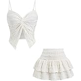 SHENHE Women's Y2k 2 Piece Outfits Lace Twist Front Cami Top Layered Ruffle Mini Skirt Set