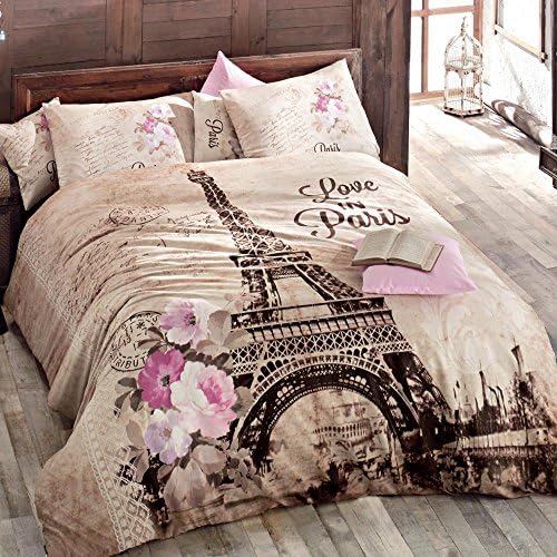 100% Turkish Cotton Ranforce Paris Eiffel Tower Theme Themed Full Double Queen Size Quilt Duvet Cover Set Bedding - 5 Pcs (Quilt included)