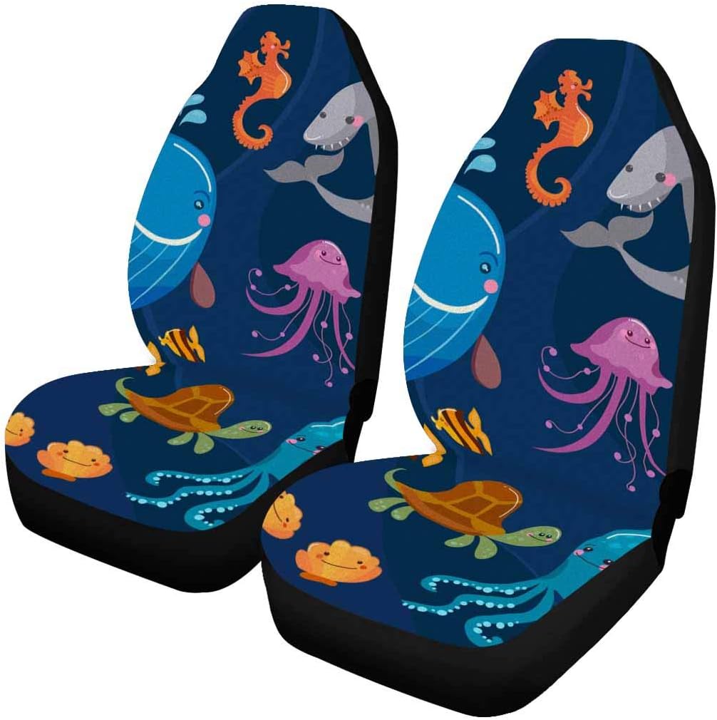 INTERESTPRINT Sea Animals Cute Collection Octopus, Fish, Whale, Jellyfish, Turtle, Crab Cartoon Car Seat Covers Protector Adjustable Removable Seat Cushions