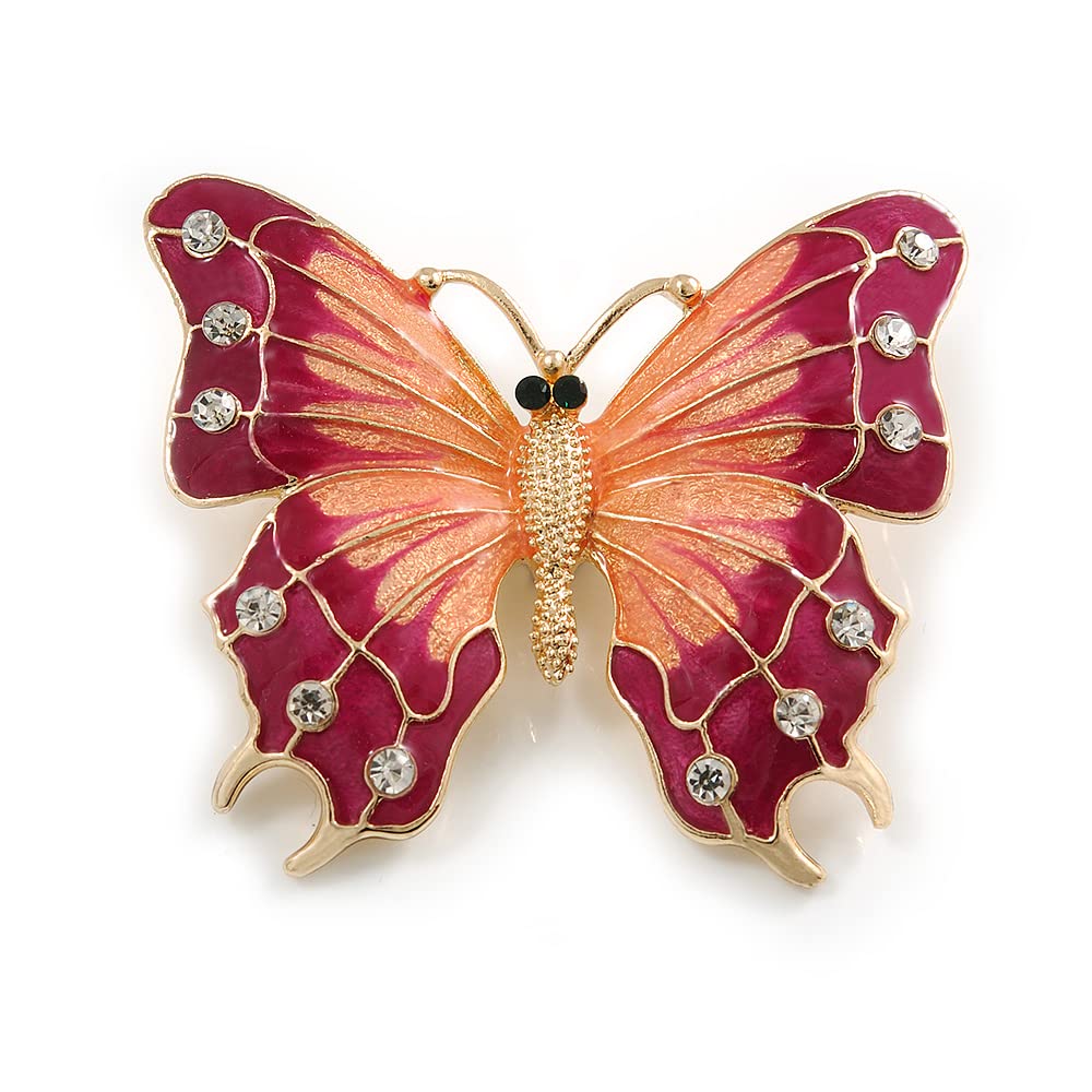 Large Plum Purple/Pink Enamel, Crystal Butterfly Brooch In Gold Plating - 50mm Across