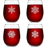 Snowflakes Christmas Stemless Wine Glass (Set of 4) - 15 oz - 4 Unique Designs- Cheerful Holiday Party Cups- Elegant Gift Exchange Idea for the Christmas Holiday Season