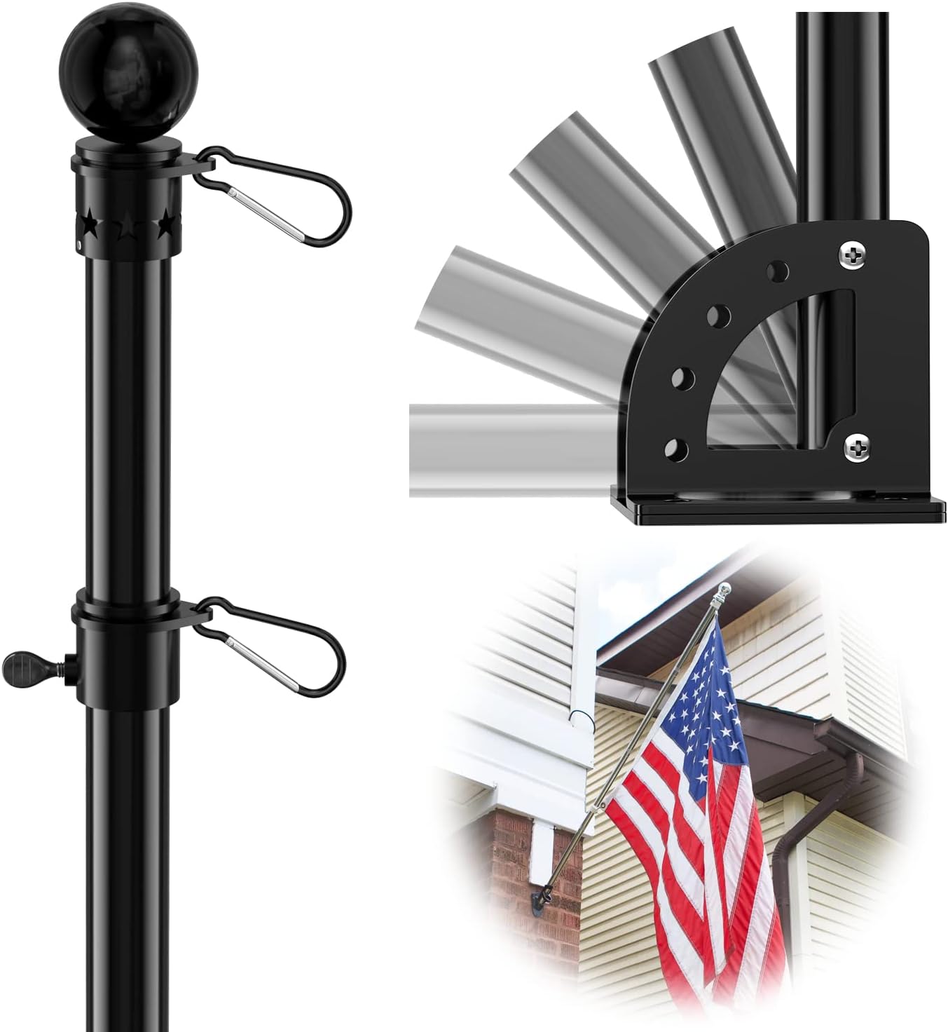 Flagpole Hardware - 7ft Flag Pole for House Outside with 5 Position Mounting Bracket, Stainless Steel Black Flagpole Kit for Commercial Outdoor Handheld Portable Carry Use, Heavy Duty Tangle Free House Garden Flag Pole
