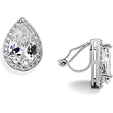 Mariell Cubic Zirconia Crystal Wedding Clip On Stud Earrings for Women, 3 Carat Pear CZ, Platinum Plated