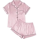LILLUSORY Silk Satin Pajama Set for Women 2 Piece Lounge Pjs Winter Matching Summer Sleepwear Button Down Shirt Shorts