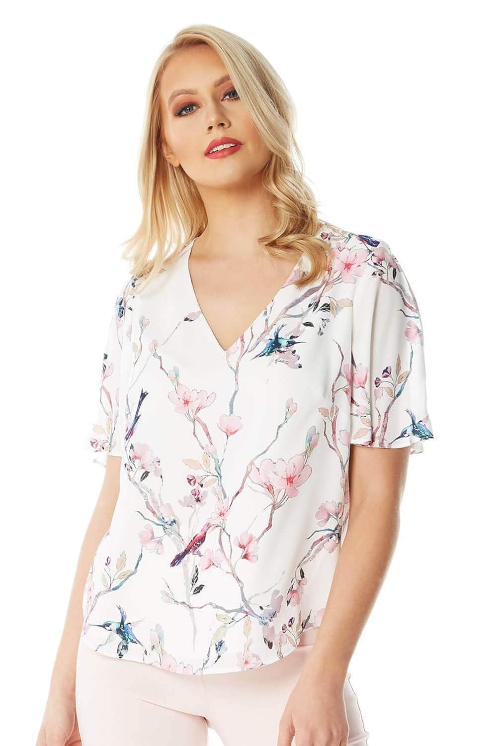 Roman Originals Womens Floral Short Angel Sleeve Top Ladies Fashion