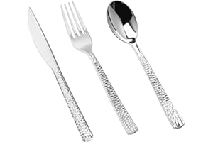 Pryntono 150PCS Silver Plastic Silverware, Heavy Duty Plastic Cutlery Set, Disposable Utensils - 50 Forks, 50 Spoons and 50 Knifes for Party, Wedding and Events