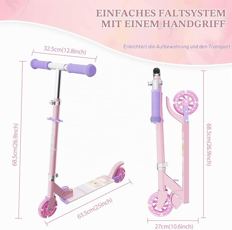 Roller Kinder ab 3 Jahre, 2 Räder Klappbar Scooter,3 Höhenverstellbare Kinderroller,Led-räder Kinderscooter für Mädchen Jungen (rosa)