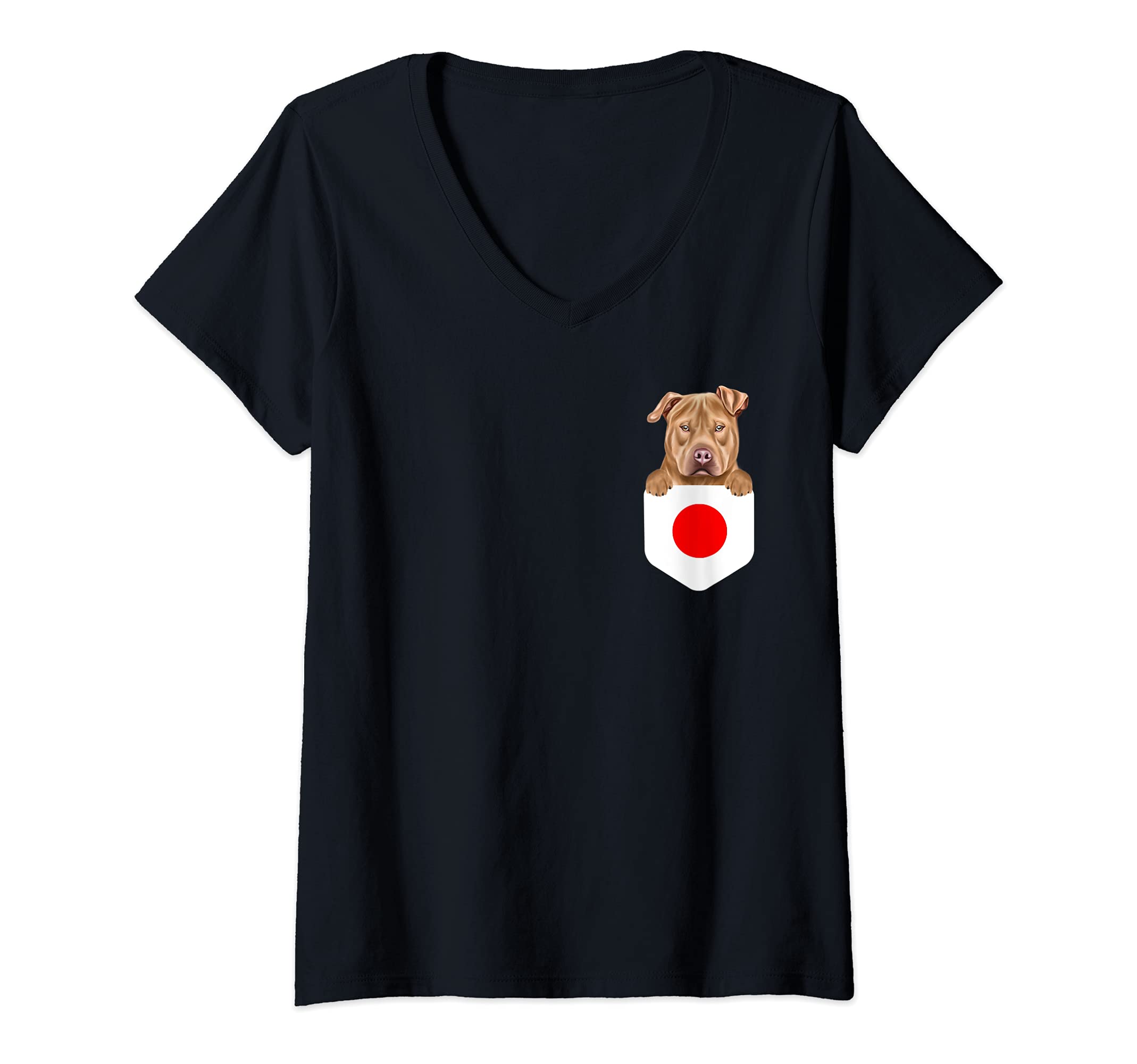 Womens Japan Flag Usa Staffordshire Terrier Dog In Pocket V-Neck T-Shirt