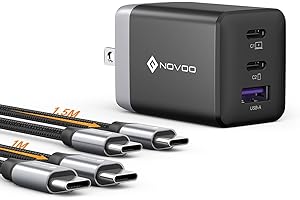 NOVOO 67W USB C Charger, 3-Port GaN Charger, PD3.0/PPS, Compact Foldable 65W/45W/30W USB C Adapter, Fast Charger for MacBook Air/iPhone 15/15 Pro/15 Max/iPad Pro/Galaxy S24/S23(2 CtoC Cables Included)