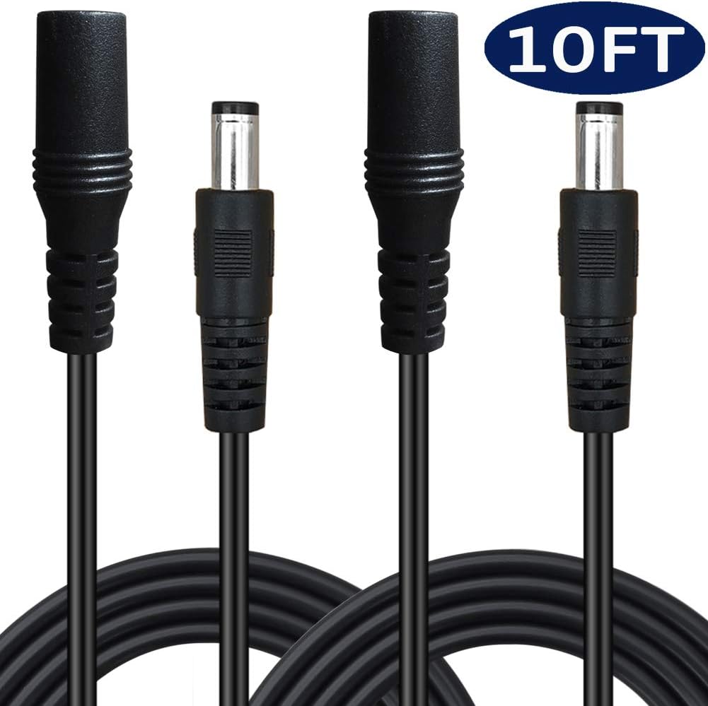 5.5mm x 2.1mm Extension Cord, DC 12v Power Supply Adapter for CCTV Security IP Camera Surveillance Indoor Wireless Dvr Standalone LED Strip, Car, 12 Volt Male to Female Plug Cable 10ft 2 Pack