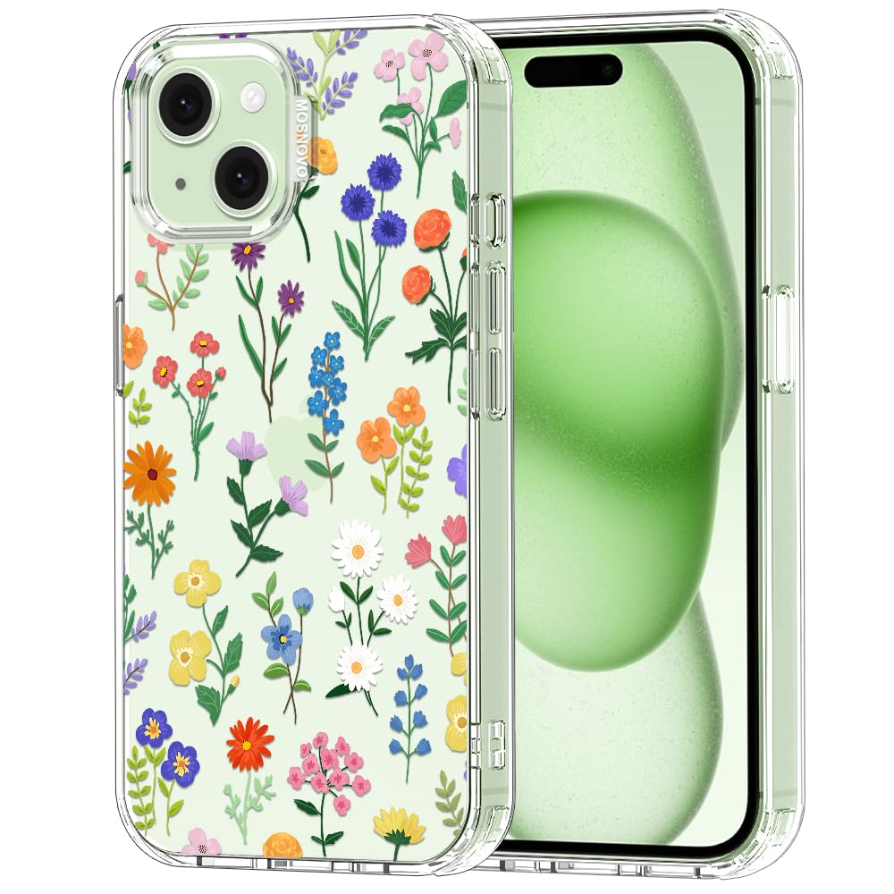 MOSNOVO Case for iPhone 15, [Buffertech 6.6ft Military-Grade Drop Protection] [Anti Peel Off Tech] Clear TPU Bumper Phone Case Cover Design - Botanical Floral — image 1