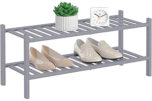 RONGJIA 2-Tier Natural Bamboo Shoe Rack - Stackable Storage Shelf with Multi-Function Combinations - Free Standing Shoe Racks for Convenient Shoe Organization（Gray） 11" D x 27" W x 13" H