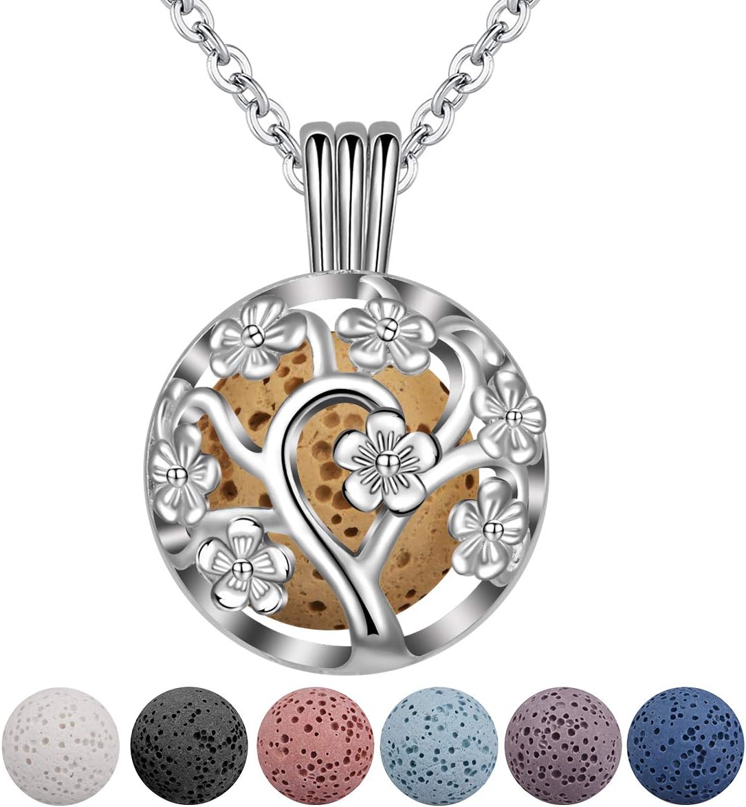 INFUSEU Aromatherapy Essential Oil Diffuser Women Necklace, Silver Plated Dreamcatcher Pendant with 5 PCS Lava Stones & Chain 24", Gift for Her