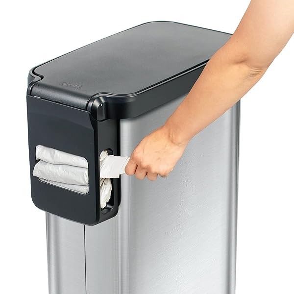 GLAD SLIM TRASH CAN WITH CLOROX ODOR PROTECTION – NARROW KITCHEN GARBAGE BIN WITH SOFT CLOSE LID, STEP ON FOOT PEDAL AND WASTE BAG ROLL HOLDER, STAINLESS STEEL, 12 GALLON/45 LITER