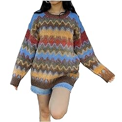 Women Y2K Argyle Striped Pullover Sweater Casual