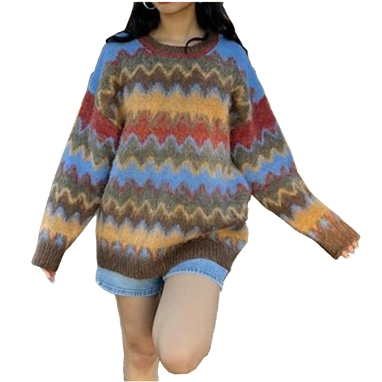 Women Y2K Argyle Striped Pullover Sweater Casual