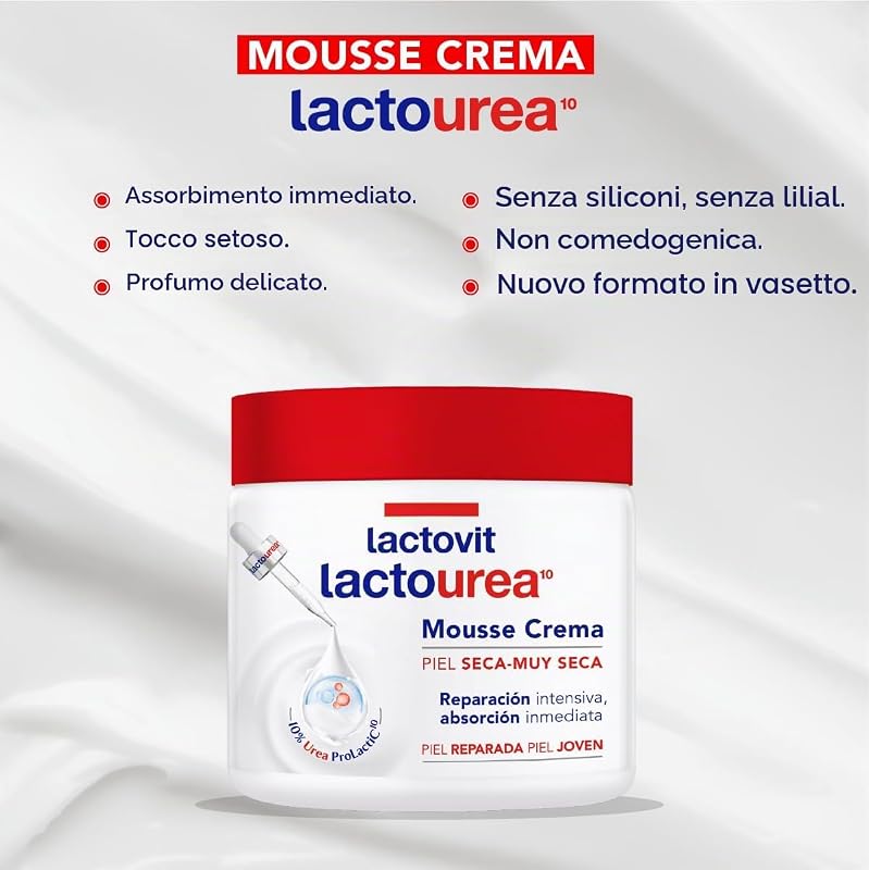 - Mousse Crème Idratante Lactourea per Corpo e Viso 24 ore Durata, per pelli secche e molto secche - 400 ml