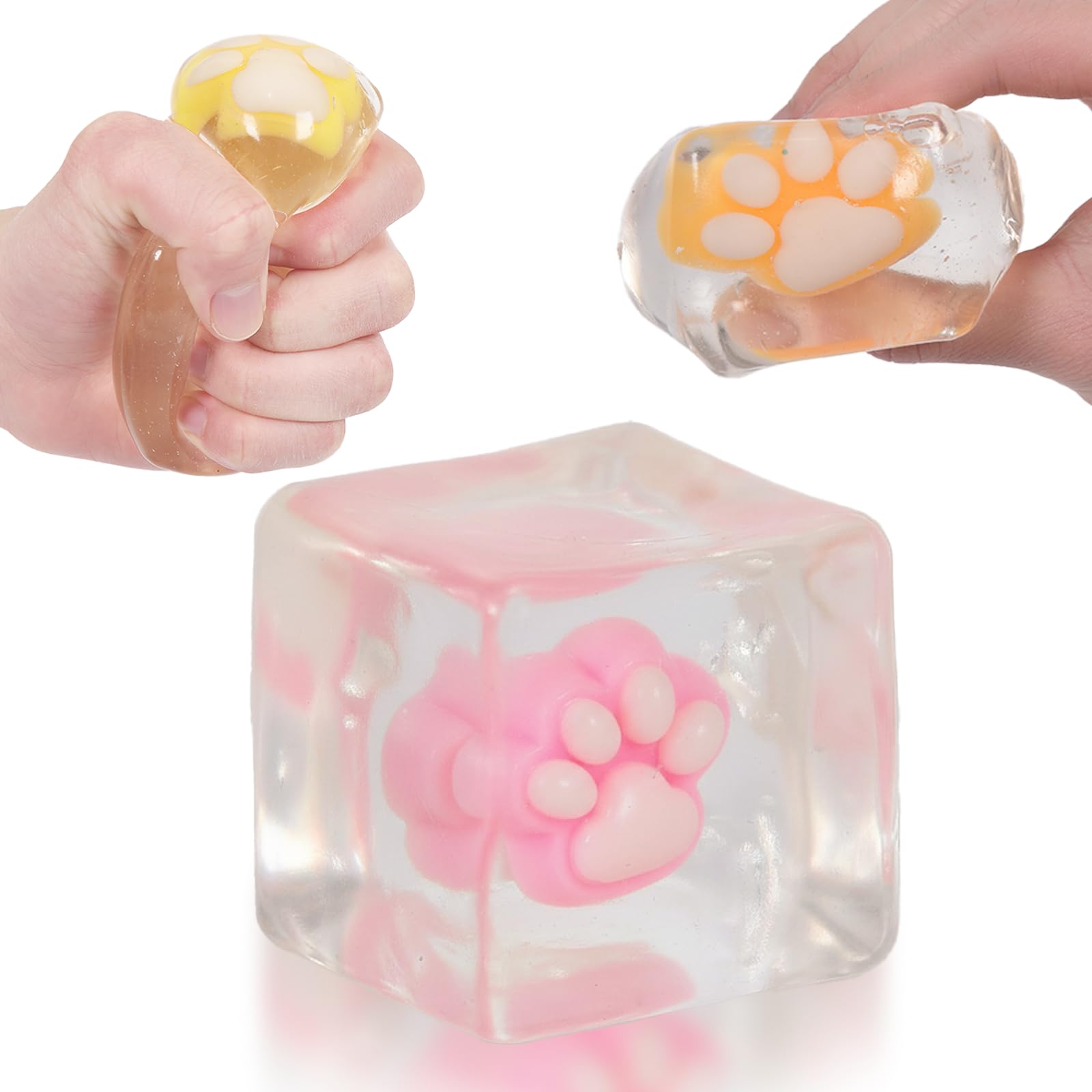Jiezipeasy Clear Paw Cube Squeeze Toys, Soft Squishy Fidget Blocks with Gentle Rebound, Sensory Desk Toys for Children and Adults, Set of 3