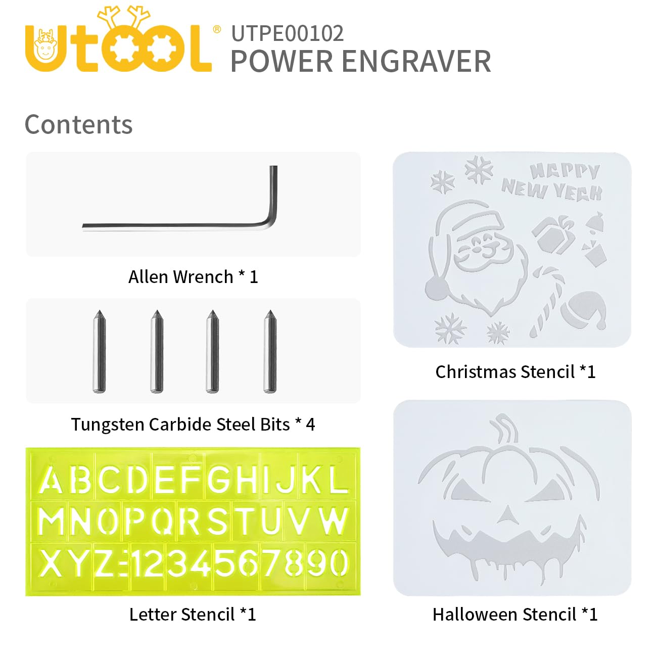 UTOOL Engraving Pen with Letter/Number Stencil, 24 W Handheld Etching Tool for Wood, Metal, Glass, Engraving with 4 Interchangeable Tungsten Carbide Steel Bits Includes Halloween Stencil Christmas